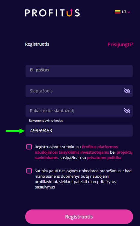 Profitus rekomendavimo kodo 49969453 registracijos instrukcija